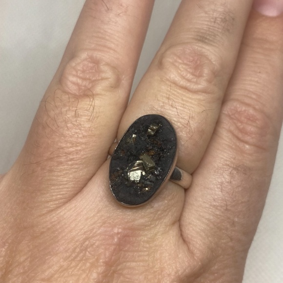 Pyrite In Slate, All Natural Mineral Specimen. Simple Matrix Ring. Size 8 - Picture 3 of 6